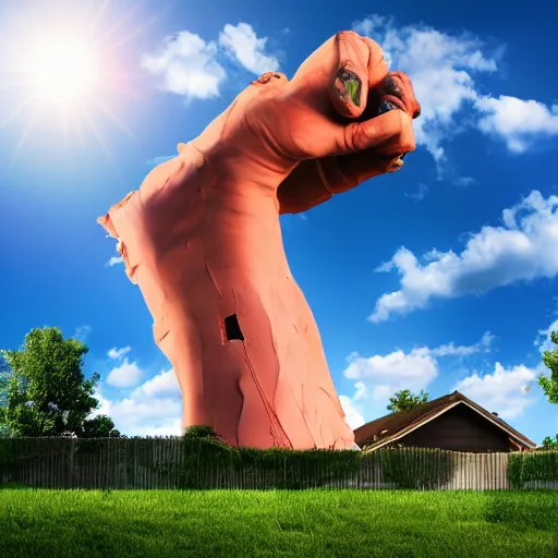 Image similar to a giant arm reaching out of the sky, grabbing a house and ripping it out of the ground, 4k