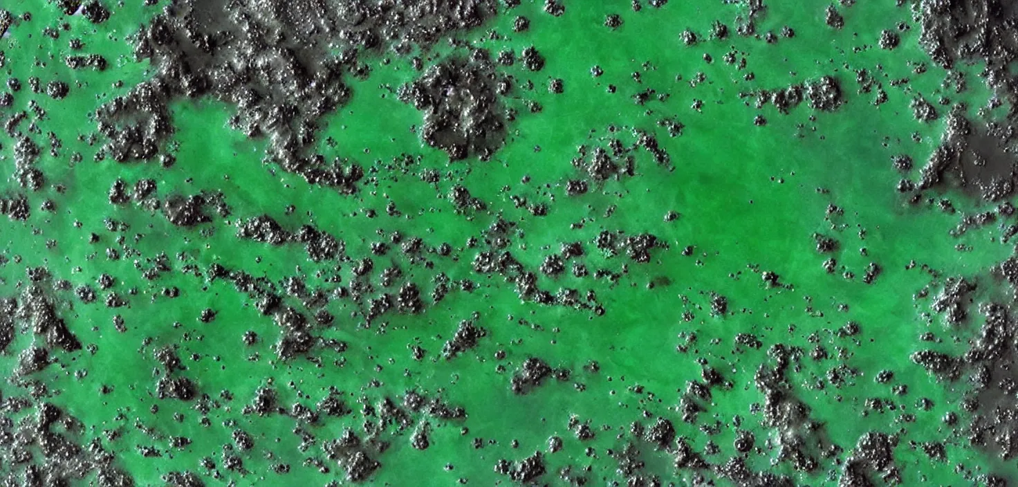 Prompt: satellite image of apocalyptic desert planet, oceans covered in mysterious black gooey liquid slime, rare green