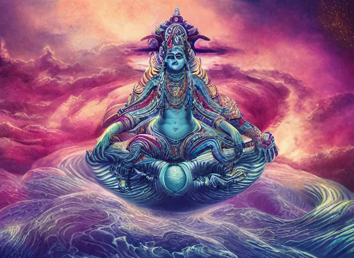 Prompt: vishnu sitting on adishesha the thousand headed universal serpent, floating across the cosmic ocean, digital art, octane render, highly detailed, intricate, by android jones and amanda sage