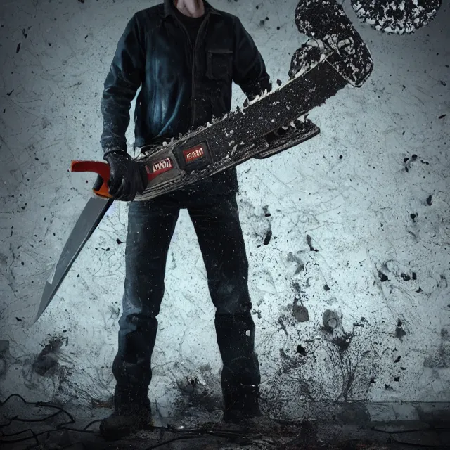 Image similar to chainsaw man with a chainsaw head, dark cinematic, volumetric, realistic, 3 d render, cinematic lighting, ray tracing, cinematic, unreal engine 5, unreal engine render, octane render, hyper realistic, photo, 8 k