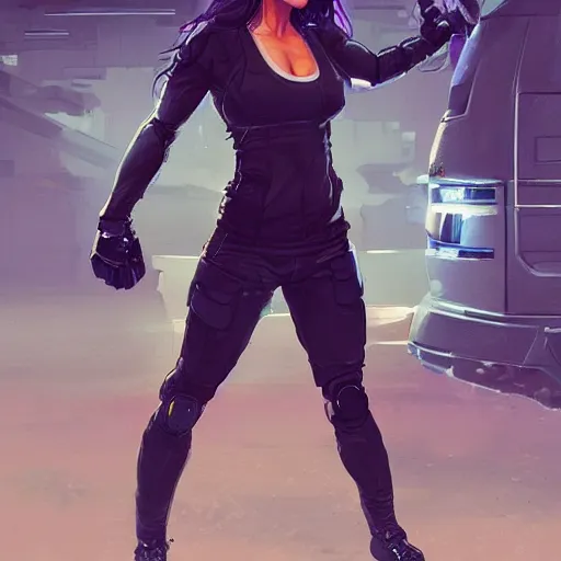 Image similar to gina carano with robotic left arm, casual black clothing, casual pose, large portrait, cyberpunk, digital painting, artstation, concept art, smooth, 8 k frostbite 3 engine, ultra detailed, art by artgerm and greg rutkowski and magali villeneuve