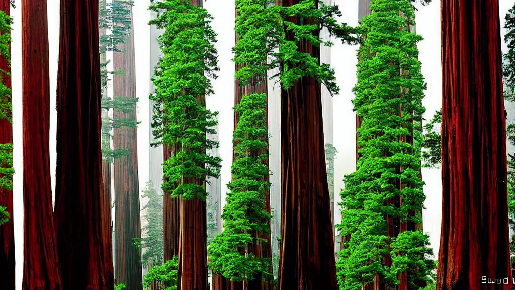 Image similar to Futuristic City in Harmony with Nature(Redwood Trees) by bruce mccall; Location: San Francisco, California;