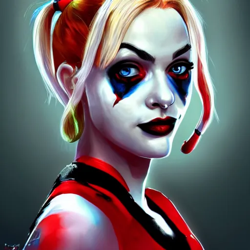 Prompt: Harley Quinn Portrait, digital painting, hyperrealistic, trending on ArtStation