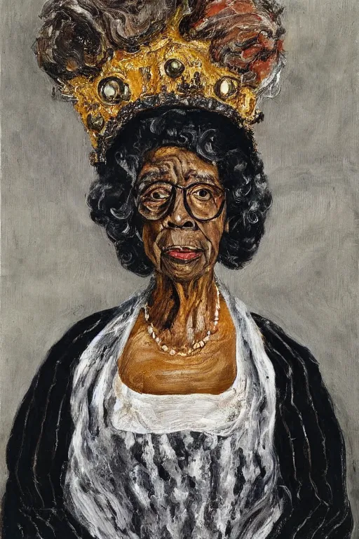 Prompt: a painted portrait of an elderly black lady with grey curly hair, wearing a crown and clothing of Queen Elizabeth the second, painted by Lucian Freud, oil on canvas, expressive, impasto