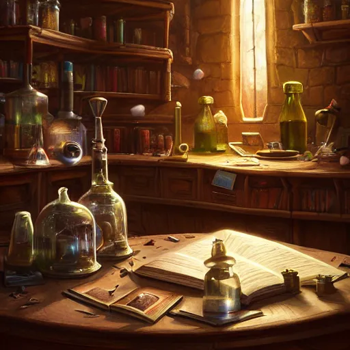 Image similar to hyper realistic, table, wizards laboratory, lisa parker, tony sart, mortar, pestle, scales with magic powder, energy flowing, magic book, beakers of colored liquid, greg rutkowski