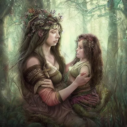 Image similar to portrait of sensual girl warrior and her daughter in a magical forest by leesha hannigan, fantasy, artwork, digital art, epic, highly detailed faces