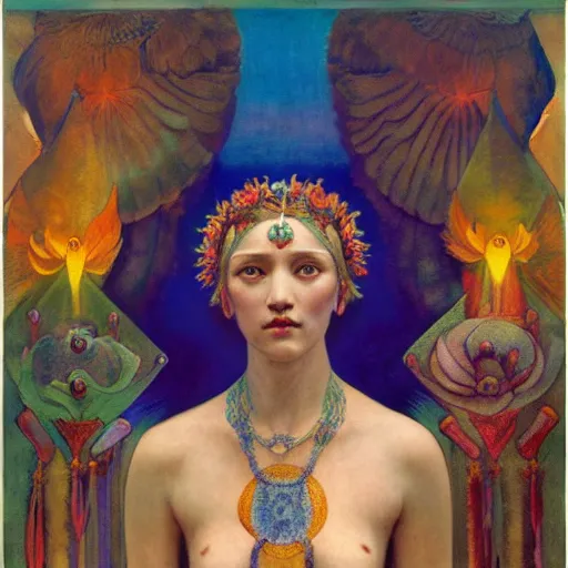 Image similar to coronation of the dawn, by Annie Swynnerton and Nicholas Roerich and Diego Rivera, bioluminescent skin, feather tattoos, elaborate costume, geometric ornament, symbolist, soft colors, smooth, sharp focus, extremely detailed