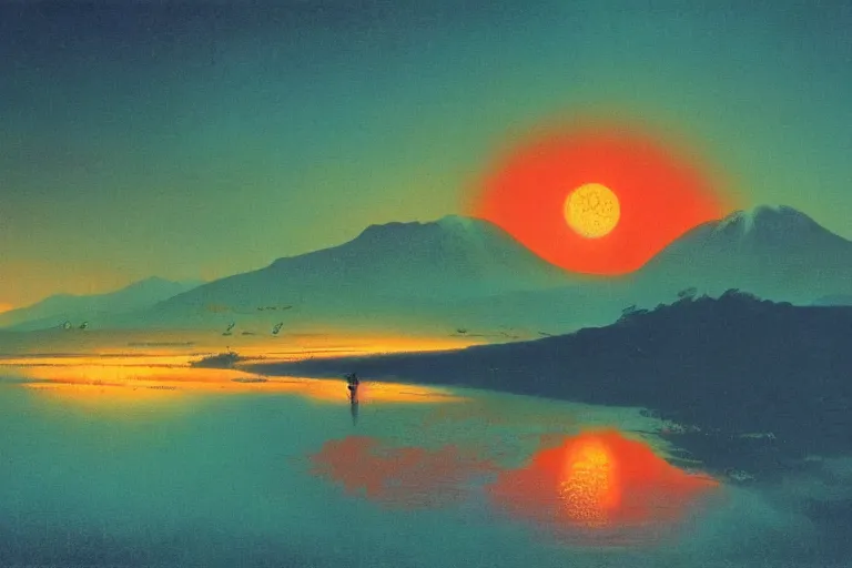 Image similar to awe inspiring bruce pennington landscape, digital art painting of 1 9 6 0 s, japan at night, red sunset, 4 k, 8 k, detailed