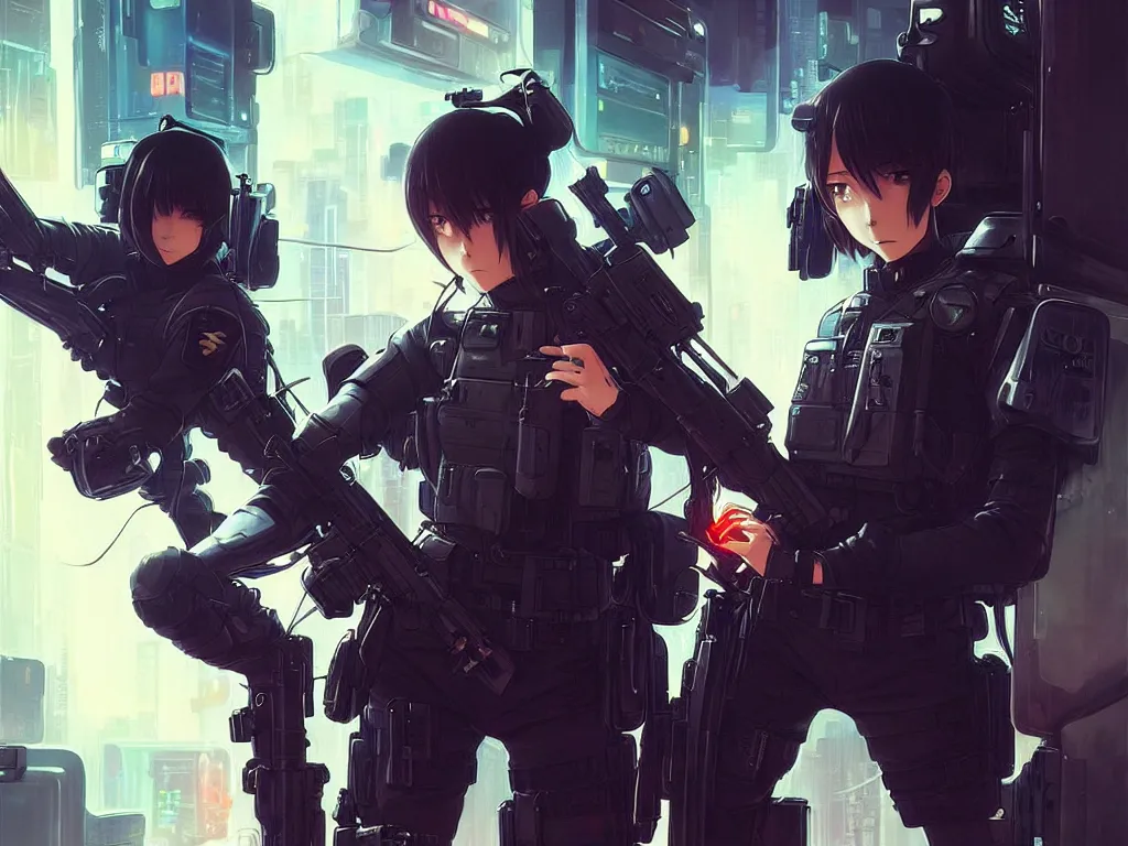 Image similar to anime key visual of a young female swat officer fighting male blood hound, neon, cyberpunk, futuristic, stunning, highly detailed, digital painting, smooth, soft focus, illustration, movie poster, japanese typography, digital art from artstation by artgerm and greg rutkowski and alphonse mucha