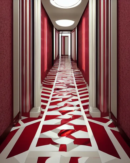 Prompt: art deco hallway, red and white, ultra detail, photoreal, professionally retouched, wide angle, 8 k high definition, insanely detailed, intricate, elegant, art by artgerm and wlop