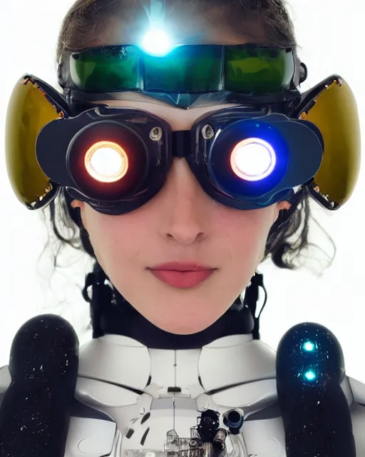 Image similar to centered portrait of soulful young sabrina salerno as a solarpunk mecha humanoid robotic parts wearing crystal goggles with bright led lights, real human face, pudica gesture bouguereau style, in white room, ultra - realistic and intricate, soft portrait shot 8 k