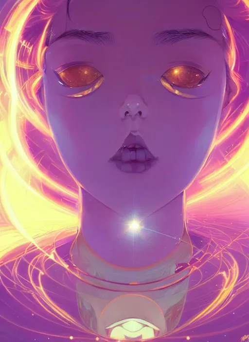 Prompt: a golden woman 2/3 figurative anime portrait, in space, head breaking apart and spiraling geometry into the sky upwards into another dimension, lazer light beaming down to top of her head, by james jean, artgerm, featured in artstation, elegant, Moebius, Greg rutkowski