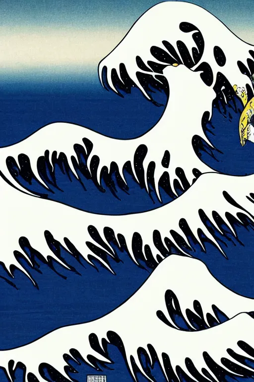 Image similar to Patrick Nagel Poster of The Great Wave off Kanagawa, White Moon in the background, Mount Fuji, box art