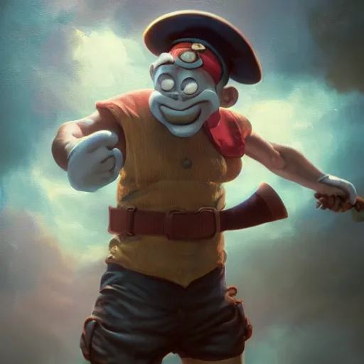 Image similar to 3 5 mm photo of popeye the sailor man, huggy wuggy from poppy playtime video game, fullbody, ultra high detailed, glowing lights, oil painting, greg rutkowski, charlie bowater, beeple, unreal 5, daz, hyperrealistic, octane render, rpg portrait, dynamic lighting, fantasy art, beautiful face, old photo, antique photo