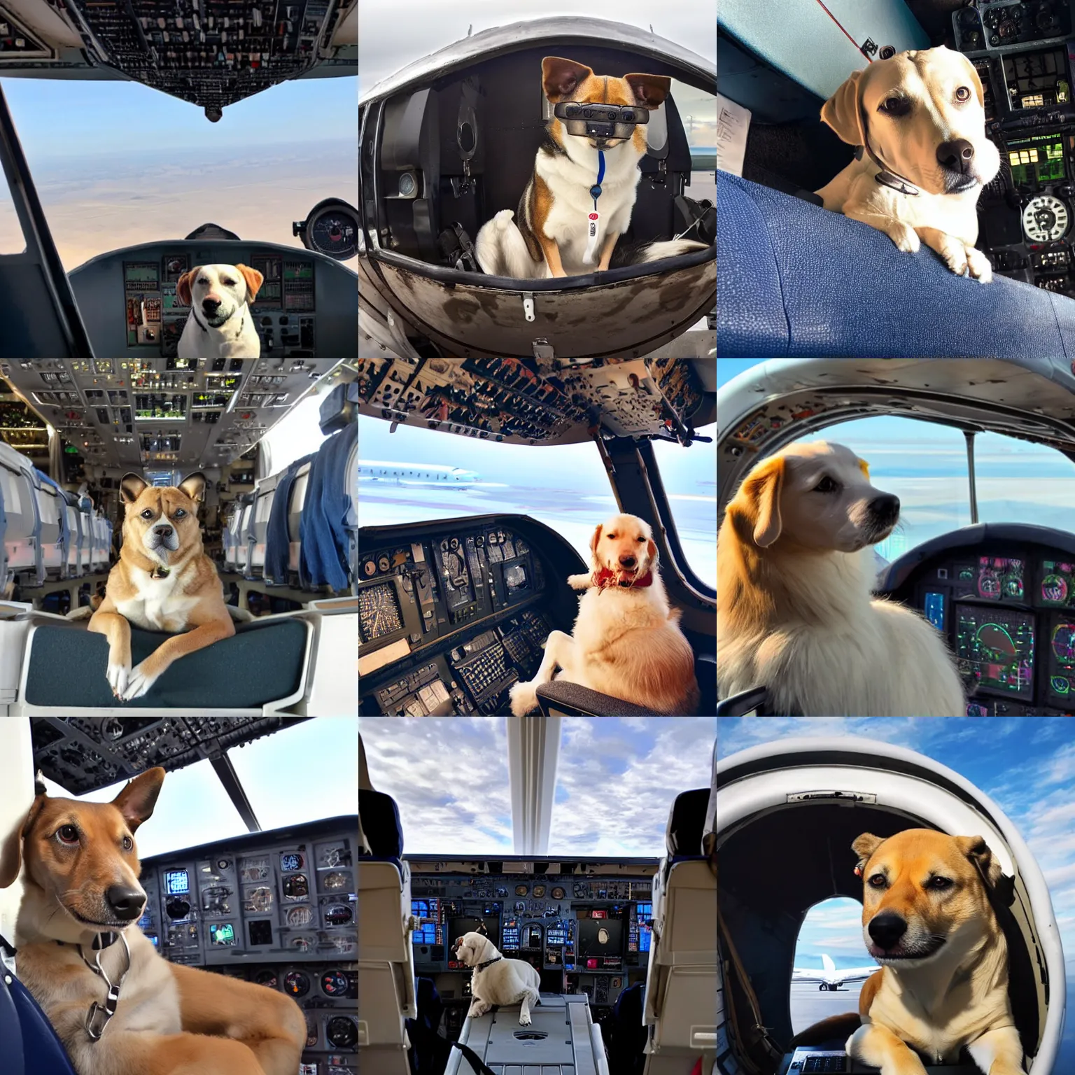 Prompt: a dog sitting in the cockpit of an airplane