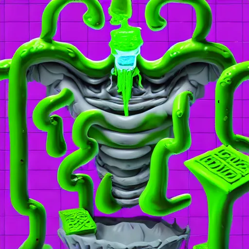 Image similar to slime lord king of the slime universe, skeleton, full body included, wide shot, 1 4 mm lens, f 2. 8, goopy, goop, fluids, soft tissue, subsurface scattering, reflections, ambient occlusion, raytracing, unreal engine 5, pixel art 8 - bit, by beeple