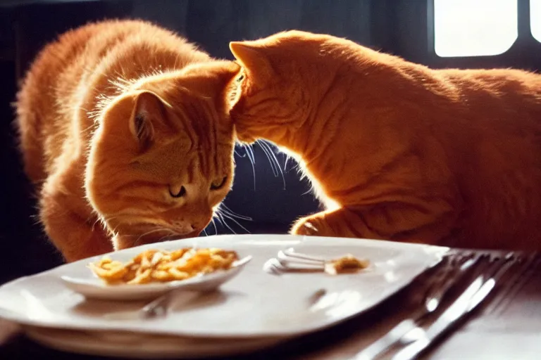 Image similar to large overweight orange cat eating lasagna by Roger Deakins