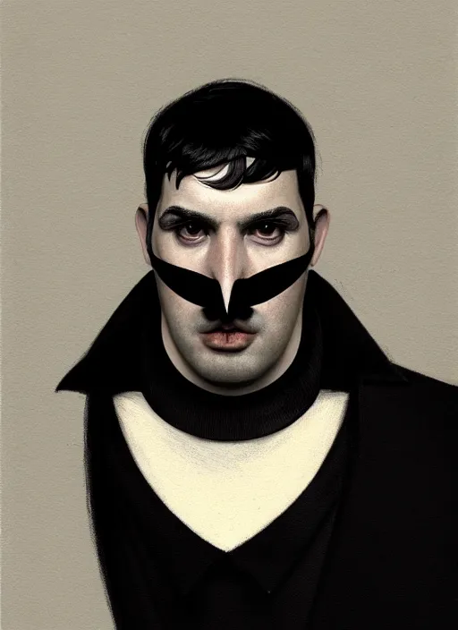 Image similar to portrait of a wide - faced man with a crooked nose and a confident expression, 1 9 6 0 s, black clothes, goth, punk, funk, intricate, elegant, highly detailed, digital painting, artstation, concept art, smooth, sharp focus, illustration, art by wlop, mars ravelo and greg rutkowski