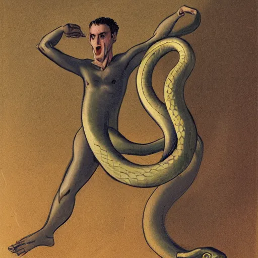 Prompt: Man with the lower body of a snake