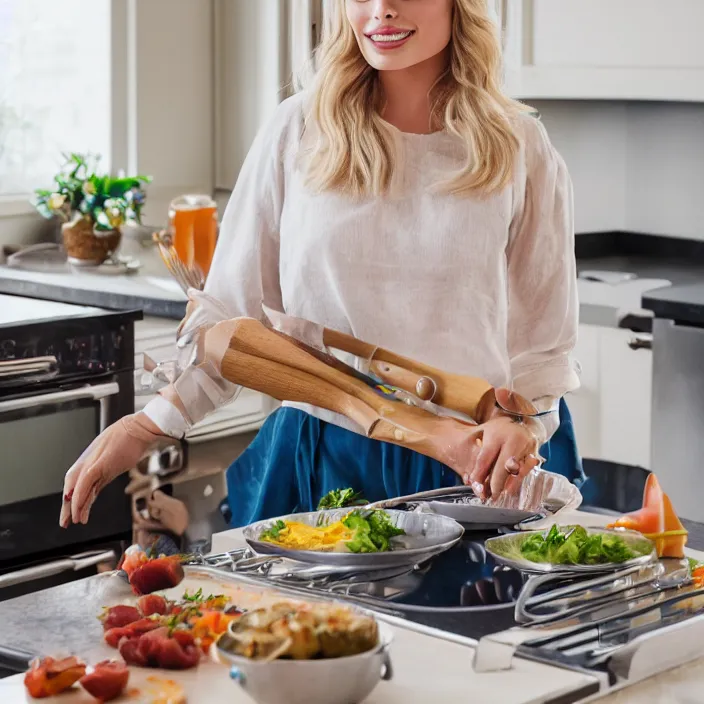 Image similar to portrait of Margot Robbie cooking while wearing kemben, by Charlotte Grimm, natural light, detailed face, CANON Eos C300, ƒ1.8, 35mm, 8K, medium-format print