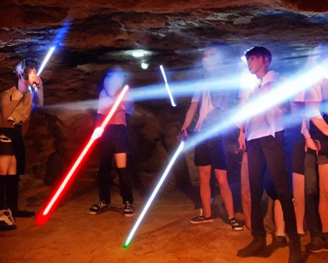 Prompt: neolithic cave gig, generic kpop boy band, lasers, light sabers, blaster pistols, smoke machine, cdx