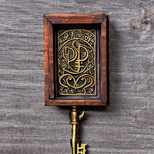 Prompt: a large ornate key with gems and engraved runes, on a wooden dungeon table, d & d, photo