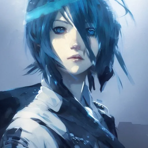 Image similar to realistic portrait of Sinon from sword art online, short blue hair, dramatic lighting, illustration by Greg rutkowski, yoji shinkawa, 4k, digital art, concept art, trending on artstation