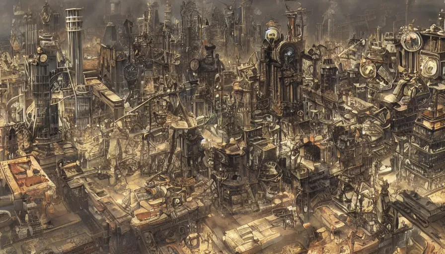 Prompt: a modern steampunk city from 1900, an anachronistic city with various objects that are out of place - H 1000