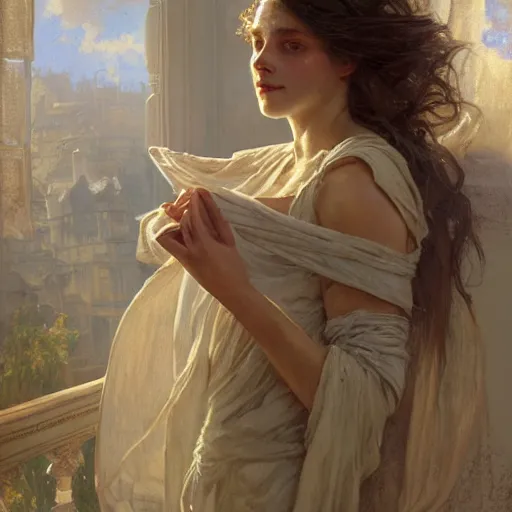 Prompt: portrait of girl in linen clothing falling from the room ceiling into a bed, fantasy character portrait, ultra realistic, concept art, intricate details, highly detailed by greg rutkowski, gaston bussiere, craig mullins, in style of alphonso mucha