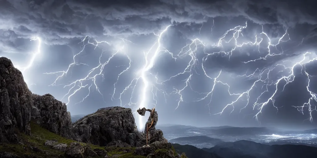 Image similar to god of thunder shooting lightning from his fingertips standing upon a rocky high mountain, surrounded by thunderclouds and lightning, dark, bright lighning, very detailed, 4 k