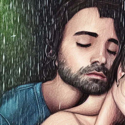 Prompt: closeup of dark haired man holding a sleeping woman close, outside, heavy rain, large tree, high fantasy, hiking bags, digital illustration, trending on artstation, somber, muted colors, highly detailed