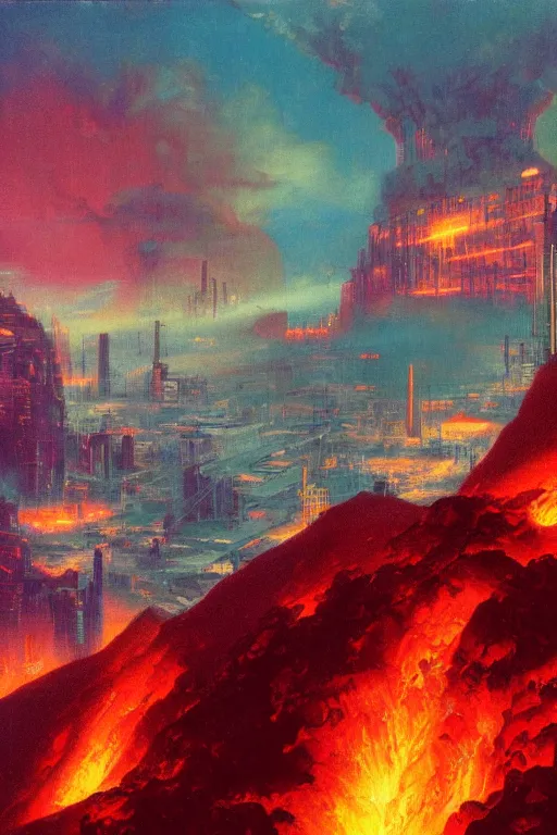 Image similar to a cyberpunk city in the crater of a volcano, lava flowing, smoke, fire, neon, industrial, by paul lehr