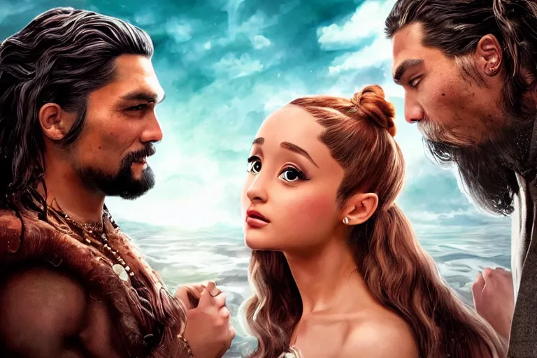 Prompt: An epic fantasy comic book style portrait painting of a very beautiful Ariana Grande and Jason Momoa in Titanic (1997), character design by Mark Ryden and Pixar and Hayao Miyazaki, unreal 5, DAZ, hyperrealistic, octane render, cosplay, RPG portrait, dynamic lighting, intricate detail, summer vibrancy, cinematic