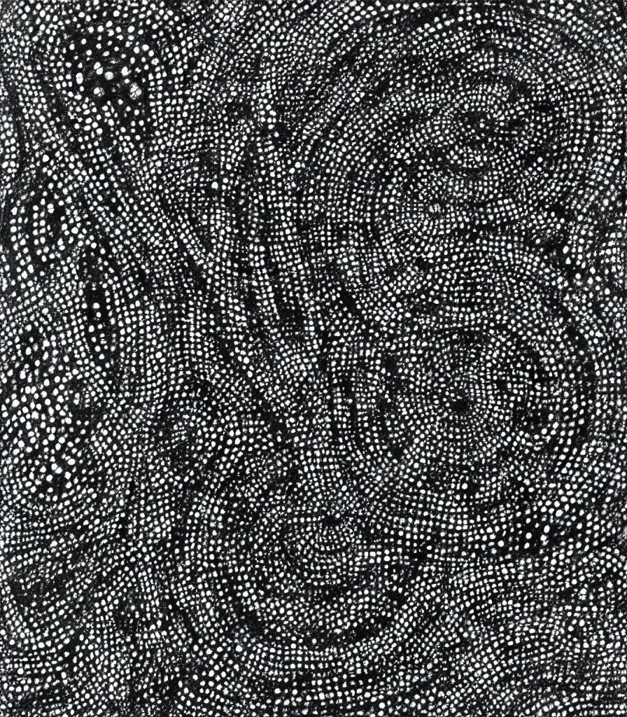 Image similar to a painting of two black, symmetrical, spiral galaxies, pointilism, rough charcoal sketch, black dots