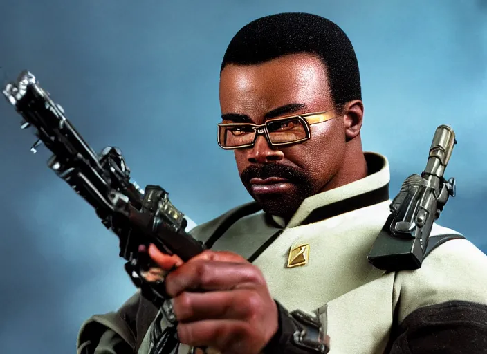 Image similar to a hyper realistic ultra realistic photograph of Commander Geordi La Forge using a gun as a toothpick, highly detailed, 8k photograph