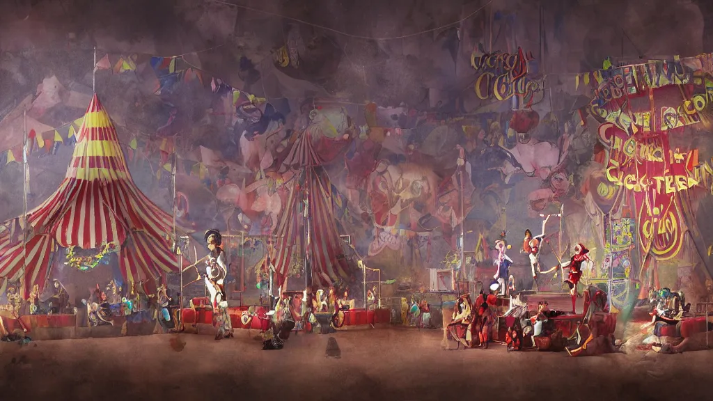 Prompt: of a gang of circus clowns, drinking alcohol, inside a circus tent, matte painting, concept art, 4K