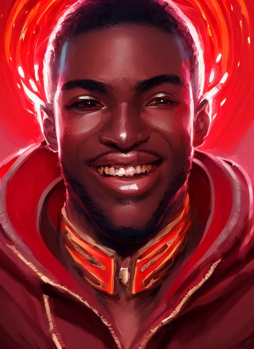 Image similar to a highly detailed illustration of attractive top cut haired african guy wearing red jacket, flaming glowing eyes, dramatic smile pose, intricate, elegant, highly detailed, centered, digital painting, artstation, concept art, smooth, sharp focus, league of legends concept art, wlop