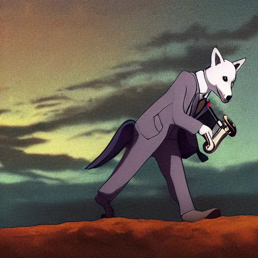 Prompt: modern anime still of beastars legoshi the anthro male grey wolf in a boarding school uniform, playing saxophone on a moonlit beach, official studio anime still