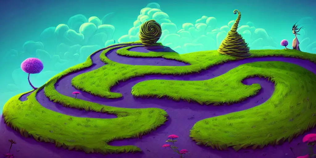 Image similar to dark tones, curled perspective digital art of spiral clouds cobblestone street with wildflowers top of a hill with spiral palmtrees by anton fadeev from nightmare before christmas. horton hears a who!