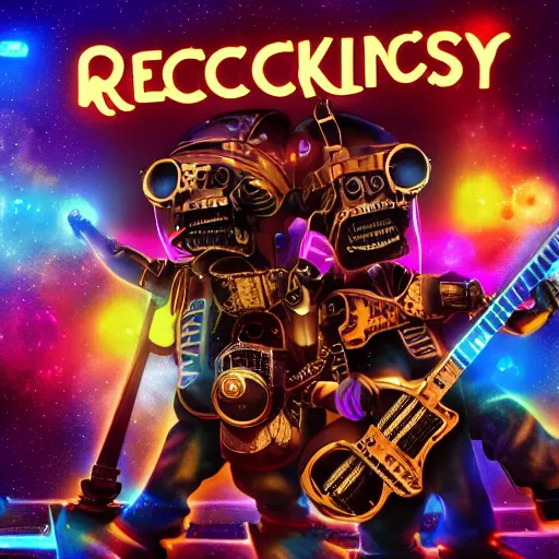 Image similar to album art, rockband with 3 steampunk robots playing guitar and drums, the letters robos rock, 8 k, flourescent colors, halluzinogenic, multicolored, insanely integrate, front shot, 3 d render, octane