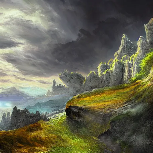 Prompt: basalt cliffs with lot of clouds fantasy landscape, high detail, fantasy art, concept art, 4 k, ultra detail, computer art