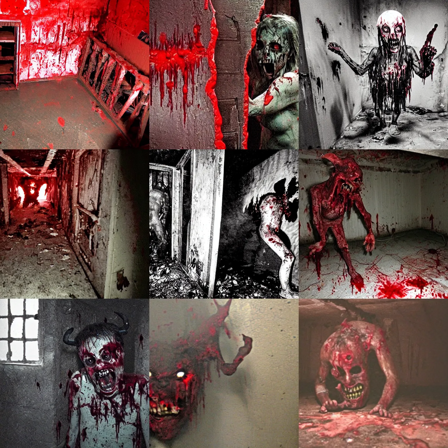 Prompt: terrifying found footage of a disturbing demon in a blood - soaked basement