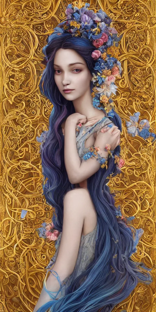 Image similar to breathtaking detailed painting by pilyeon and teffish on artstation, a full shot queen with long flowing bright blue hair, gauze dress and pastel flowers petals and golden tumultuous clouds, symmetrical facial features, at dawn in front of a pristine golden art nouveau cathedral, elegant, highly detailed, artstation, concept art, matte, sharp focus,