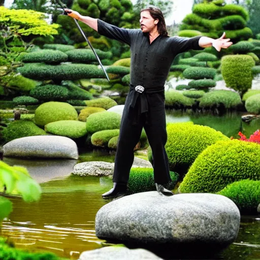 Prompt: Christopher Nolan movie shot of Christian Bale as Bruce Wane practicing sword fighting while standing on a stone in the middle of a small koi pond, Japanese bonsai plants