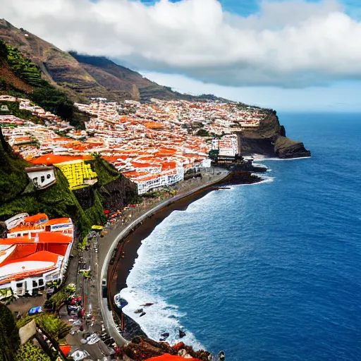 Image similar to madeira island, funchal, the bay, very very wide shot, realism, cinematic shot