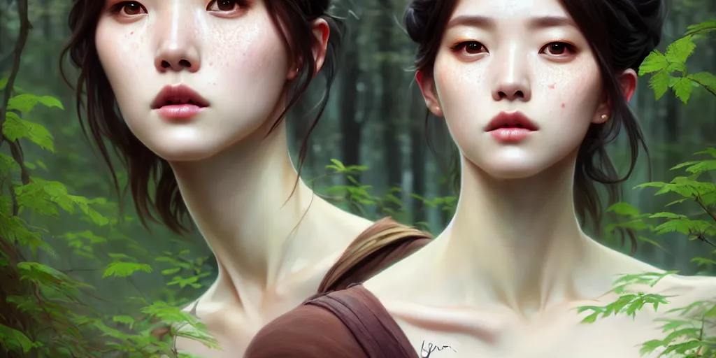 Prompt: beautiful digital painting of a hoyeon jung stylish female forest with high detail, real life skin, freckles, 8 k, stunning detail, works by artgerm, greg rutkowski and alphonse mucha, unreal engine 5, 4 k uhd