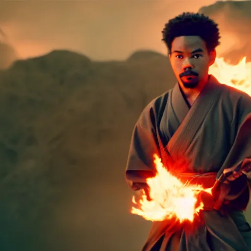 Image similar to cinematic film still of Chance The Rapper starring as a Samurai holding fire, Japanese CGI, VFX, 2022, 40mm lens, shallow depth of field, film photography