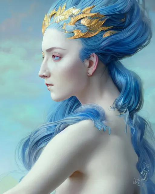 Prompt: Side Profile Portrait of a blue haired Goddess, she holds a spark of all creation in her hands, a tiny red dragon, wide angle, intricate, elegant, overdetailed, professional digital painting, artstation, concept art, smooth, sharp focus, 8K, art by artgerm and greg rutkowski and alphonse mucha and loish and WLOP