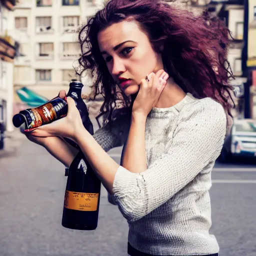 Image similar to photograph of woman holding a bottle in street, fashion shoot, award winning, kodak, 4 k, realistic intricate detail, hyper detail, woman very tired, full body potrait holding bottle, hazel green eyes, realistic, highlydetailed, natural, masterpiece, sharp focus, jennysaville