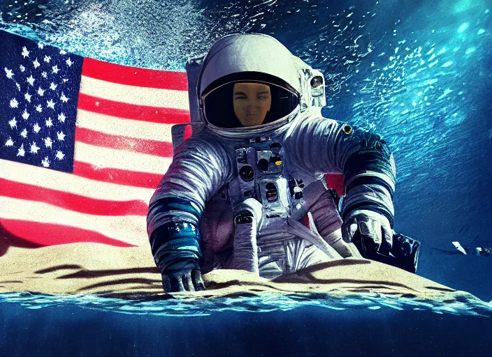 Prompt: astronaut underwater putting a flag in the sand of the bottom of the ocean. there is a futuristic submarine in the background. dark, concept art, cinematic, dramatic, atmospheric, 8 k, trending on artstation, low visibility, zack snyder